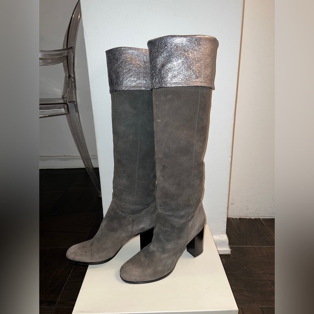 Chanel Grey Suede Metallic Fold-Over Interlocking CC Knee High Boots